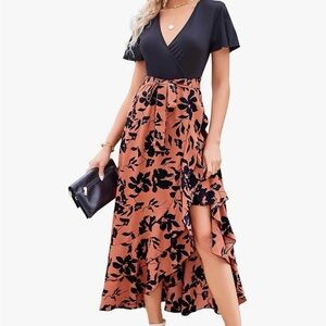 Chic Black and Orange Floral Midi Dress